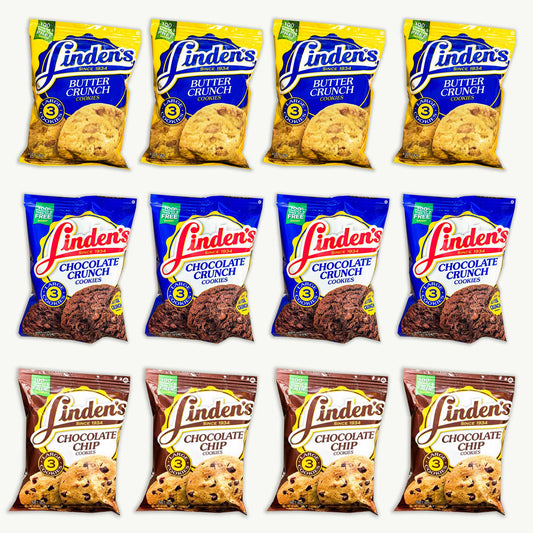 Linden's Variety Pack - Chocolate Crunch, Butter Crunch, Chocolate Chip Cookies - 3 Large Cookies per Bag - 1.8oz - 12 packs