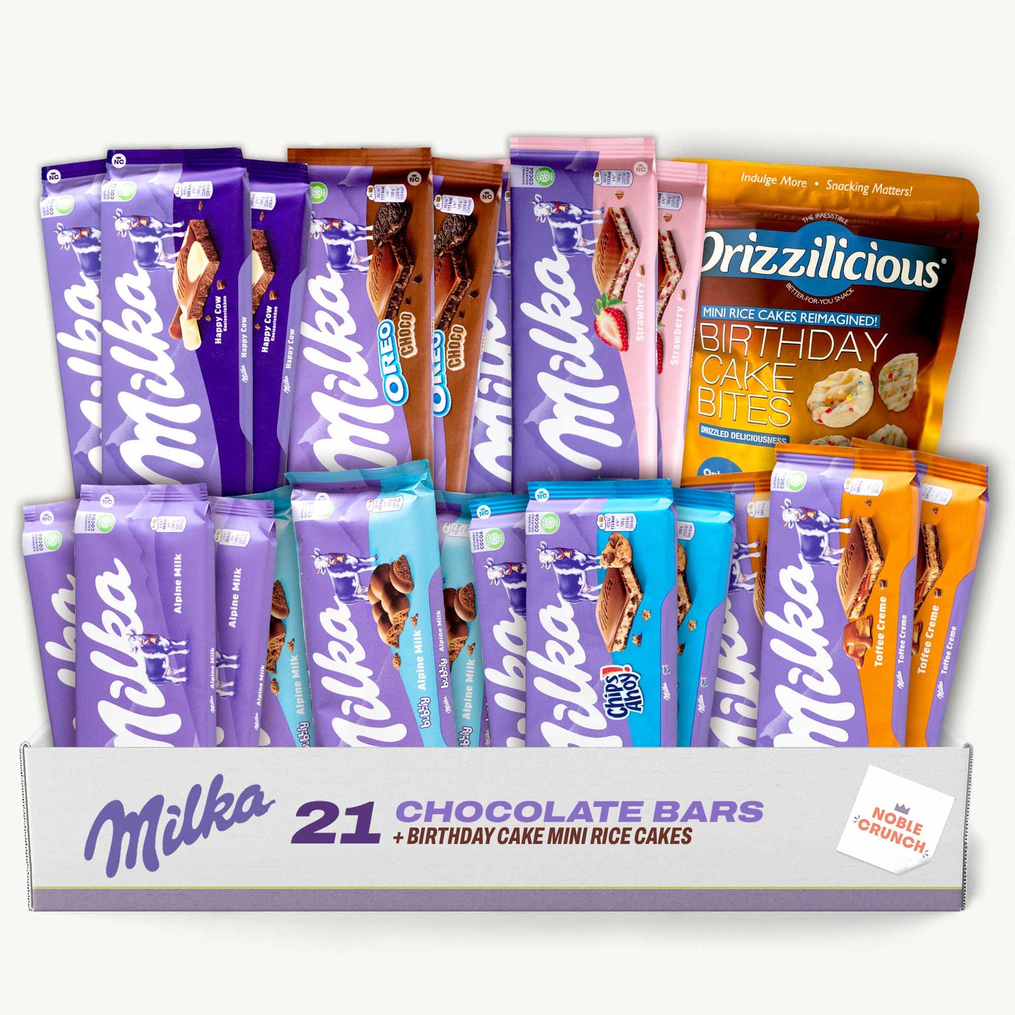 Milka Chocolate Candy Bar Variety Pack ( 100g, 3 each) - Happy Cow, Oreo Choco, Strawberry, Alpine Milk, Chips Ahoy, Bubbly Alpine Milk, Toffee Creme, Drizzilicious Birthday Cake Mini Rice Cakes 4oz - 22 Items