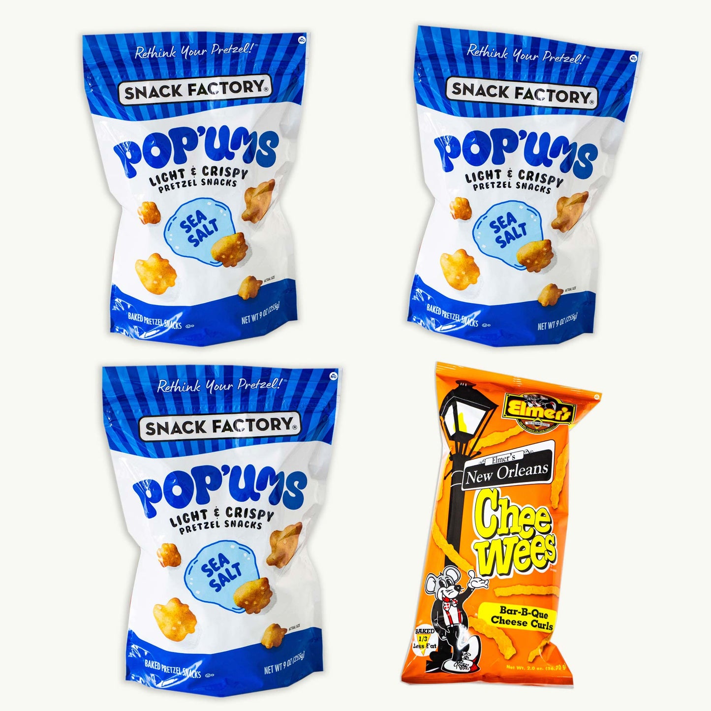 Snack Factory Popums Sea Salt Pretzel Snacks 9oz (3 bags) - Elmer's BBQ Chee Wees Cheese Curls 2oz - 4 Items
