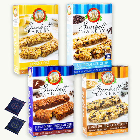 Sunbelt Bakery Granola Bars Variety Pack (40 Bars) - Fudge Dipped Chocolate Chip, Banana Oat, Chocolate Chip, Peanut Butter Chocolate Chip - Peach Lemon Organic Yerba Mate Teabags - 4 Flavors