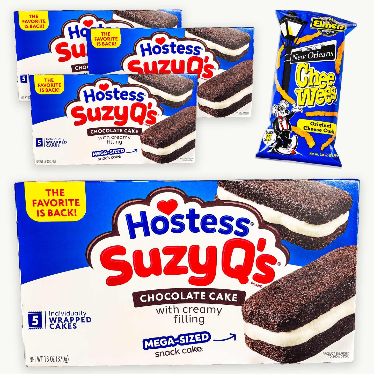 Hostess Suzy Q's Creme Filled Chocolate Cakes 5ct 13oz (4 packs) - Elmer's Original Chee Wees Cheese Curls 2oz - 5 Items