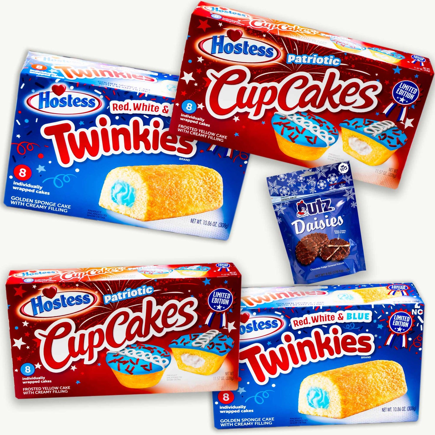 Red White Blue Twinkies (16ct) - Patriotic Cupcakes (16ct) - Utz Daisies Chocolate Fudge Pretzels (6oz)