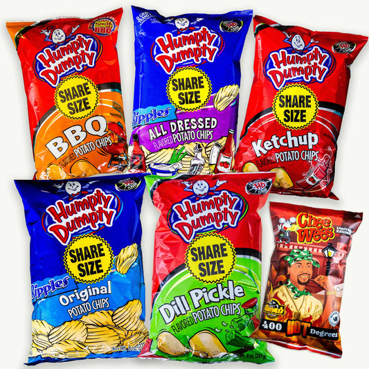 Humpty Dumpty Potato Chips Variety Pack 8oz - Ketchup, All Dresses, BBQ, Original, Dill Pickle - Cheewees 400 Degreez Hot Cheese Curls - 6 Items