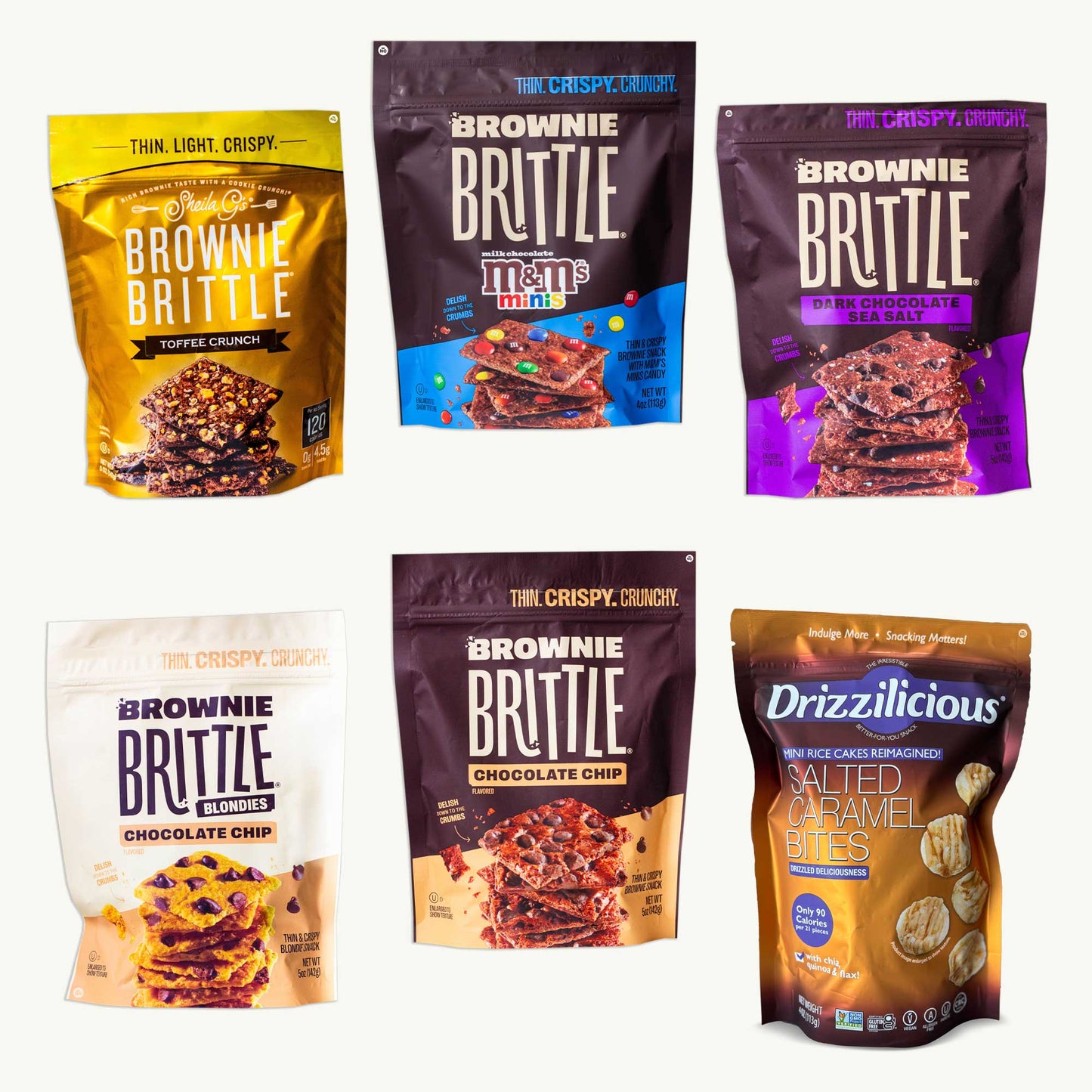 Brownie Brittle Variety Pack - Toffee Crunch, Chocolate Chip, M&M, Dark Chocolate Sea Salt, Blondies Chocolate Chip - Drizzilicious Salted Caramel 4oz - 6 Items