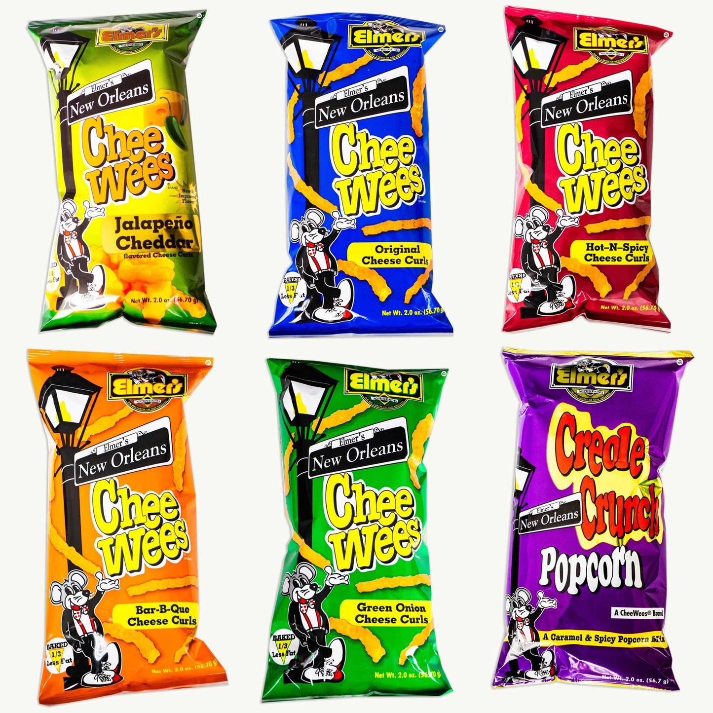 Elmer's Chee Wees Cheese Curls Variety Pack - BBQ, Jalapeno, Original, Hot N Spicy, Green Onion, Creole Crunch Popcorn - 6pk