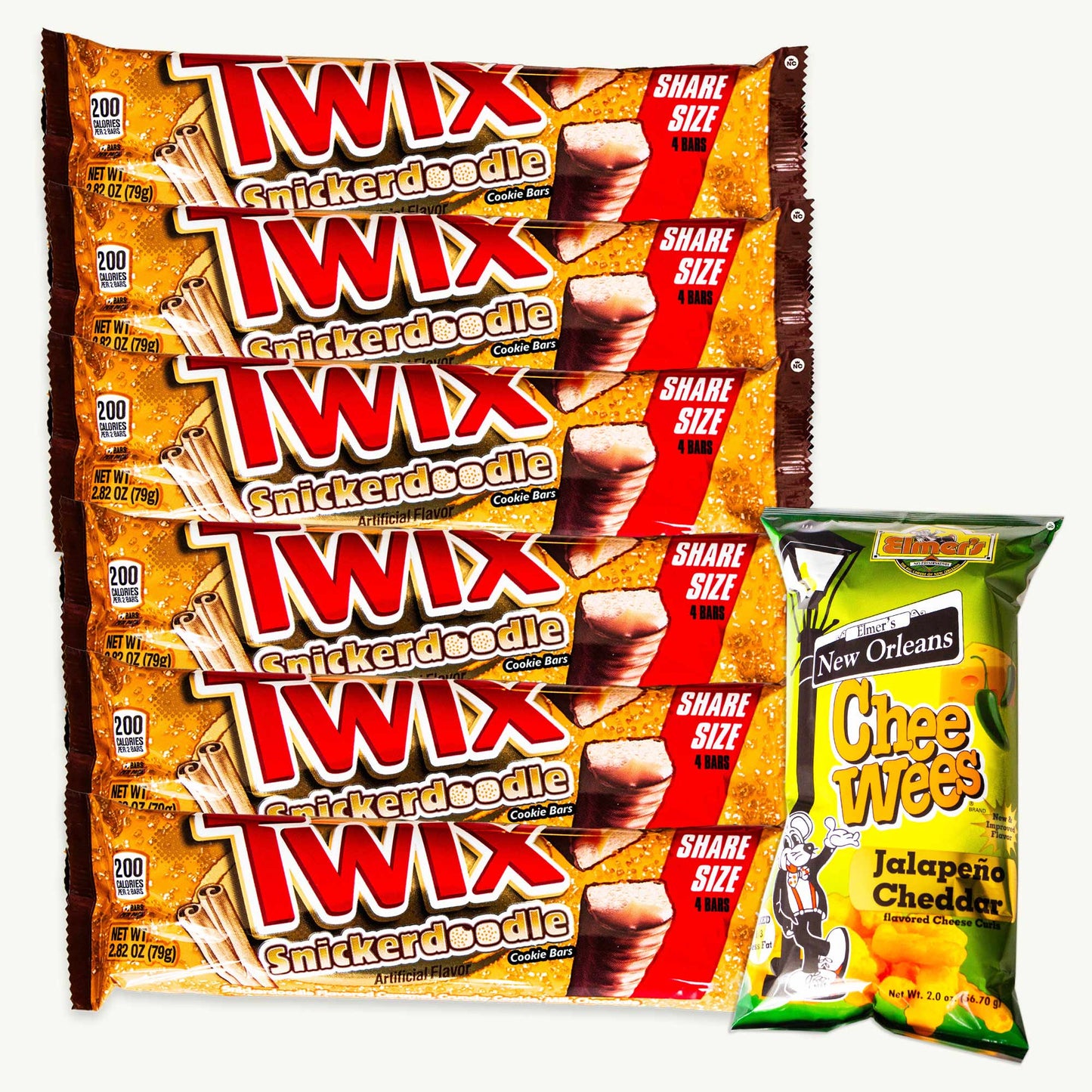 Twix Snickerdoodle Cookie Chocolate Candy Bar Share Size 2.82oz (6 bars) - Elmer's Jalapeno Cheddar Cheewees Cheese Curls 2oz - 7 Items