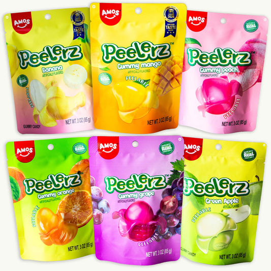 Peelerz Peelable Gummy Candy Variety Pack - Banana, Green Apple, Mango, Grape, Peach, Orange - 6, 3oz Items