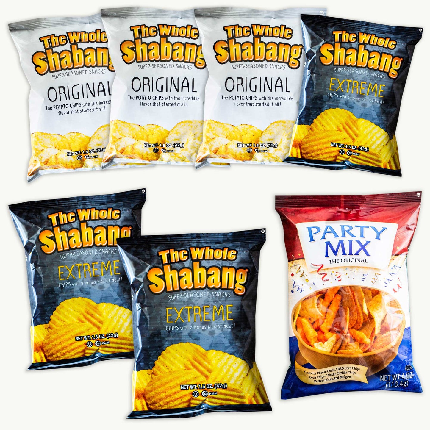 The Whole Shabang Potato Chips Variety Pack (1.5oz) -  Original (3pk) - EXTREME (3pk) - Party Mix 4oz -7 Items