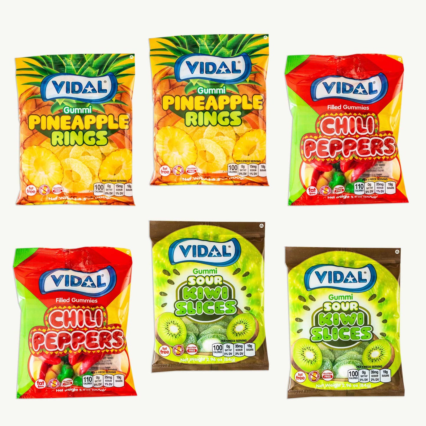 Vidal Gummies Variety Pack - Chili Peppers 3.5oz (2pk) - Sour Kiwi Slices 2.96oz (2pk) - Pineapple Rings 3.5oz (2pk) - 6 Bags Total
