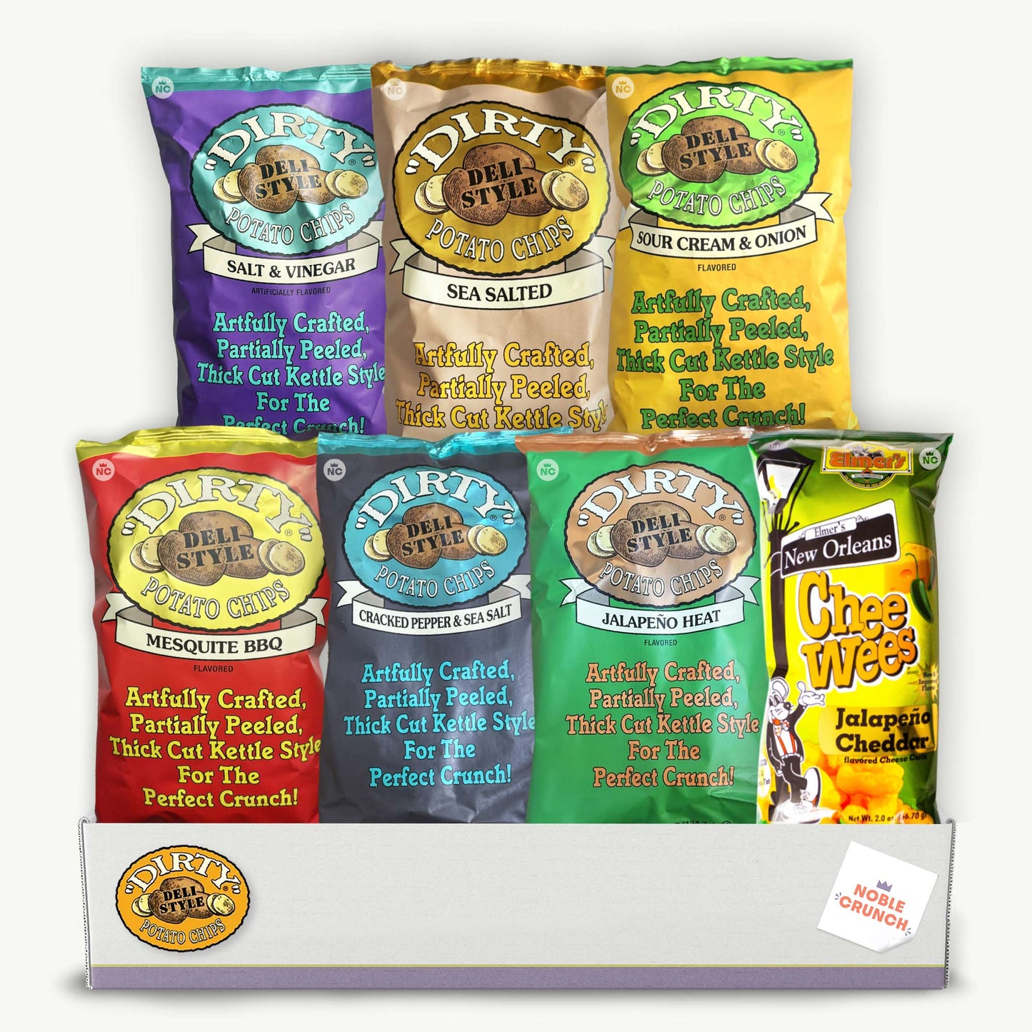 Dirty Potato Chips Variety Pack 4.75oz - Sour Cream Onion, Jalapeno Heat, Salt Vinegar, Sea Salted, Mesquite BBQ, Cracked Pepper Sea Salt, Cheewees Jalapeno Cheddar Cheese Curls - 7 Items