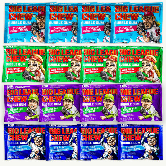Big League Chew Bubble Gum Variety Pack 2.12oz - Big Rally Blue Raspberry, Curve Ball Cotton Candy, Ground Ball Grape, Wild Patch Watermelon - 12 Items