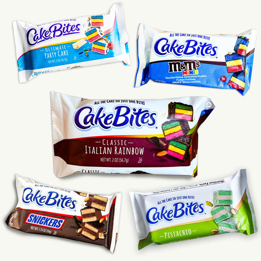 Cakebites Variety Pack 2oz - Pistachio, Party Cake, Classic Italian Rainbow, Snickers, M&Ms - 5 Items