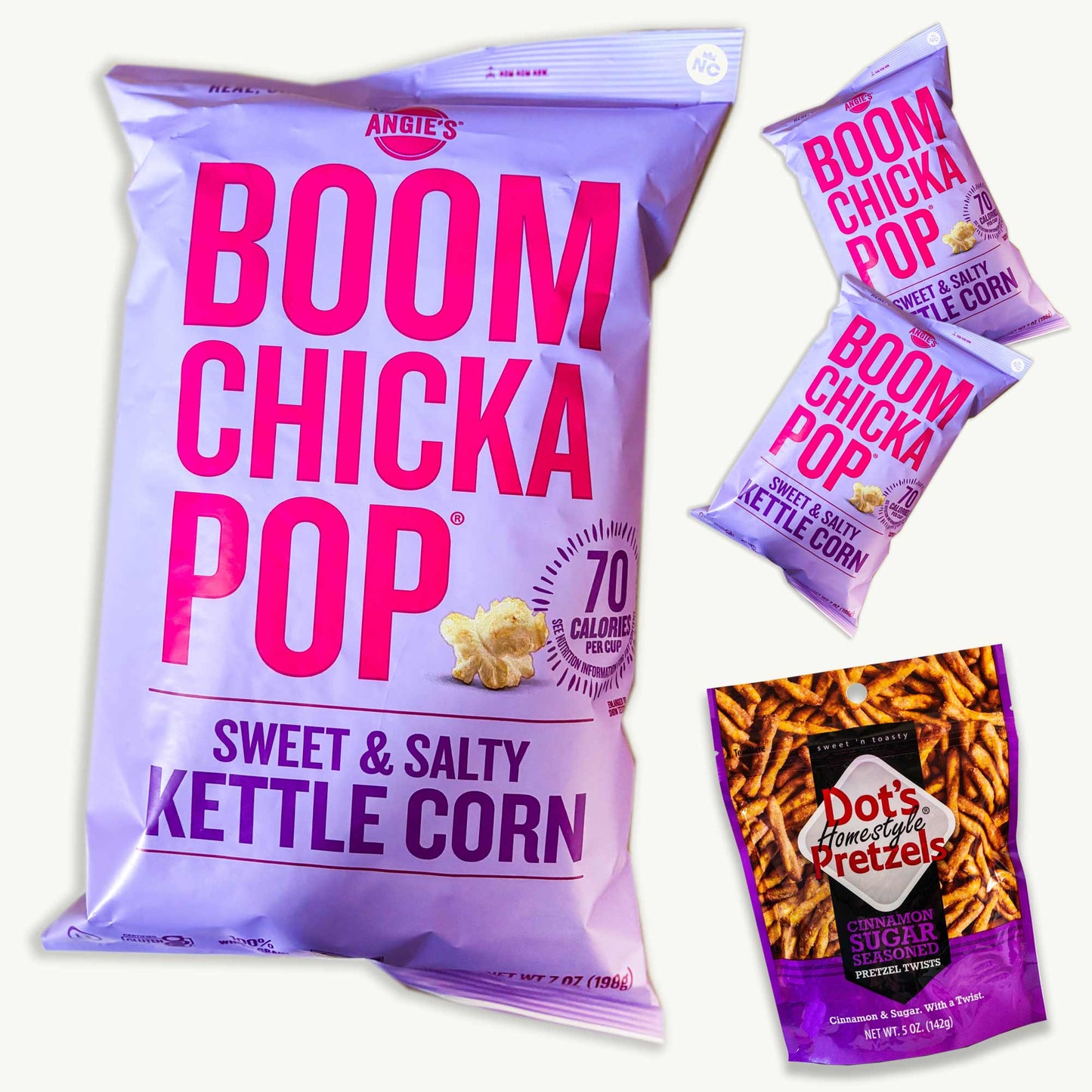 Angie's BoomChickaPop Sweet and Salty Kettle Corn (3pks - 7oz) - Dot's Cinnamon Sugar Pretzel Twists (5oz)