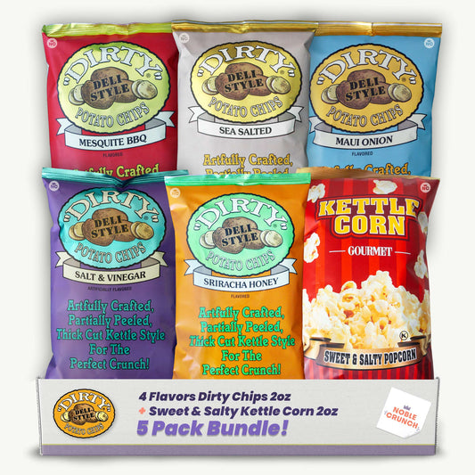Dirty Chips 2oz Variety Pack - Sriracha Honey, Salt Vinegar, Sea Salted, BBQ, Maui Onion, Kettle Popcorn - 6 Items