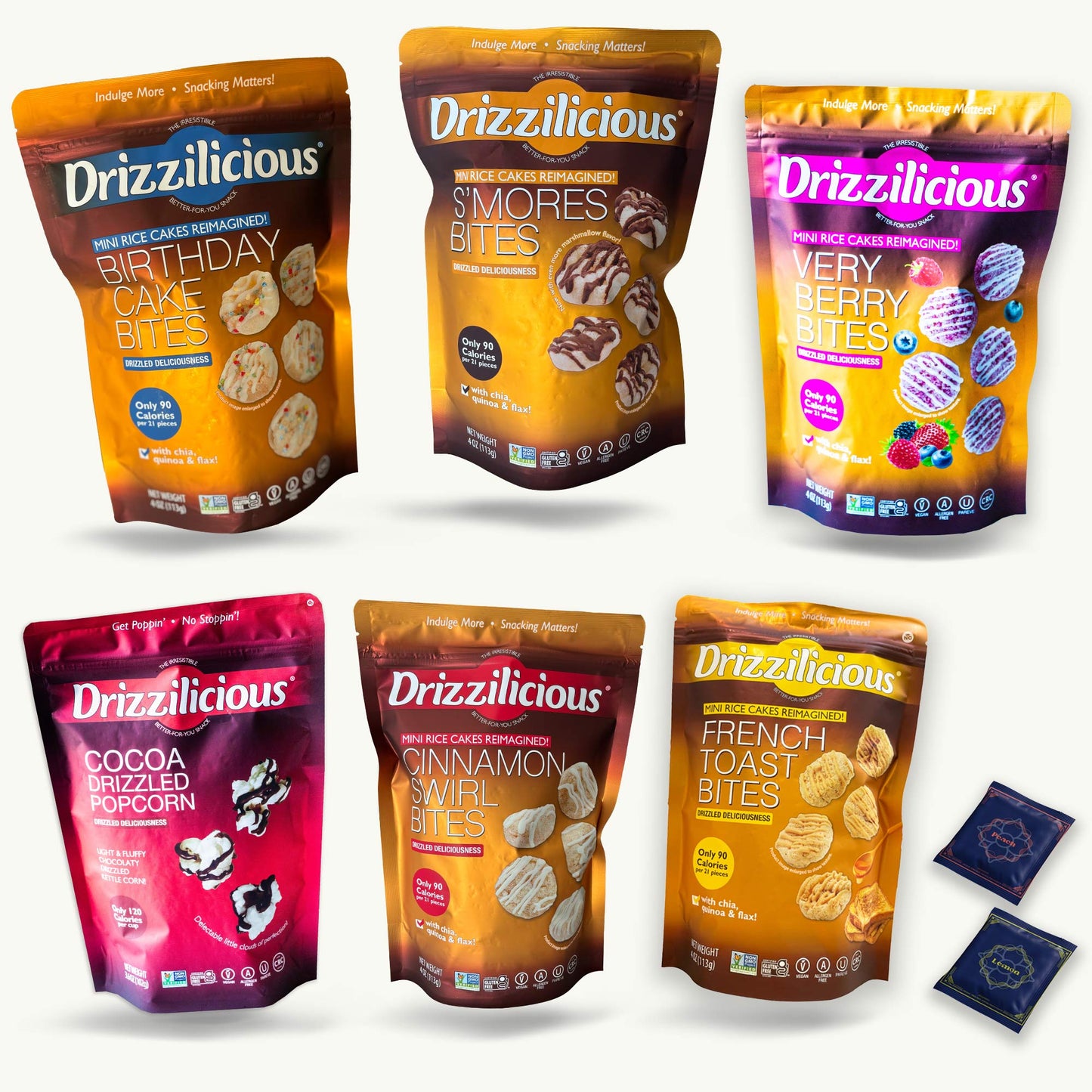 Drizzilicious Mini Rice Cakes Variety Pack - Birthday, Smores, Very Berry, Cocoa Drizzled Popcorn, Cinnamon Swirl, French Toast - Organic Lemon, Peach Yerba Mate Teabags