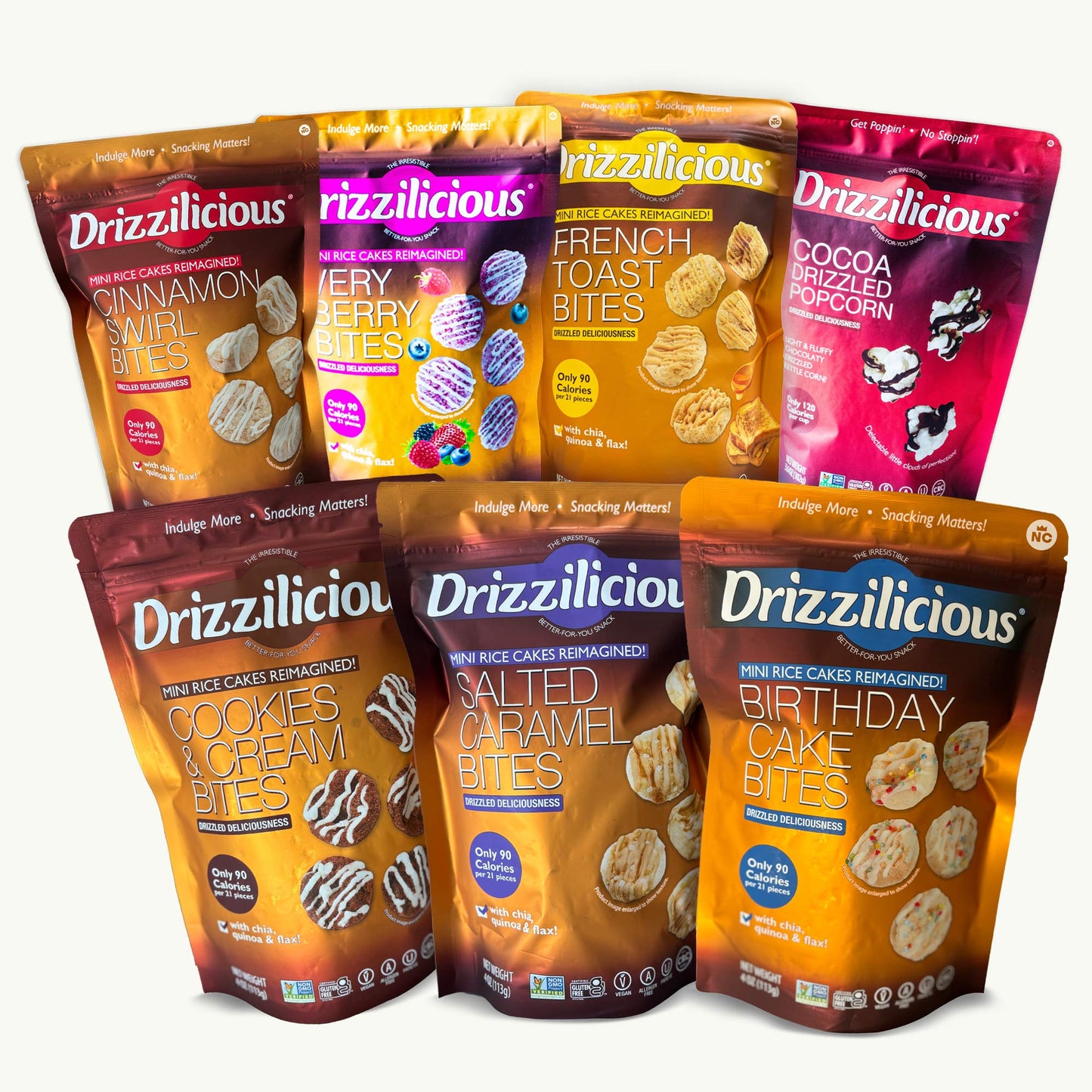 Drizzilicious Mini Rice Cakes Variety Pack - Birthday, Salted Caramel, Cookies & Cream, Cinnamon Swirl, French Toast, Cocoa Drizzled Popcorn, Very Berry - 7 Bags