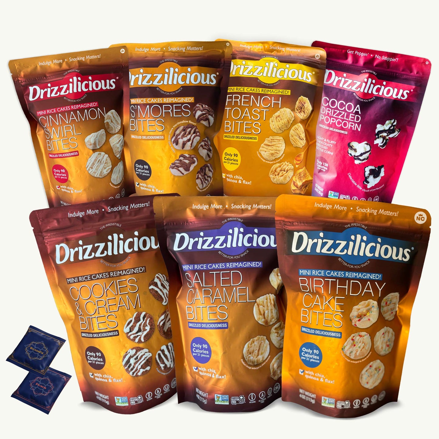 Drizzilicious Mini Rice Cakes Variety Pack - Birthday, Salted Caramel, Cookies & Cream, Cinnamon Swirl, French Toast, Cocoa Drizzled Popcorn, Smores - Roasted Peach Organic Yerba Mate Teabags - 7 Flavors