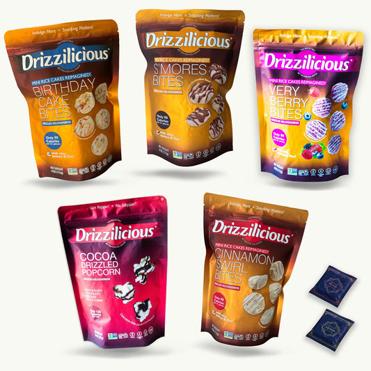 Drizzilicious Mini Rice Cakes Variety Pack - Birthday, Smores, Very Berry, Cocoa Drizzled Popcorn, Cinnamon Swirl - Organic Lemon, Peach Yerba Mate Teabags