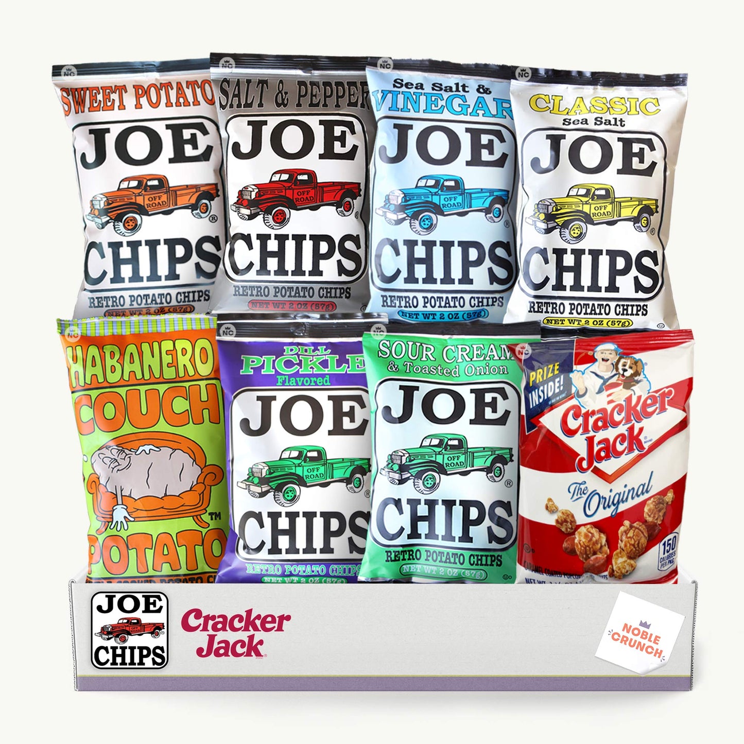 Joe Chips Kettle Potato Chips Variety Pack - 7, 2oz Unique Flavors - Cracker Jacks Caramel Popcorn 1.25oz - 8 Items
