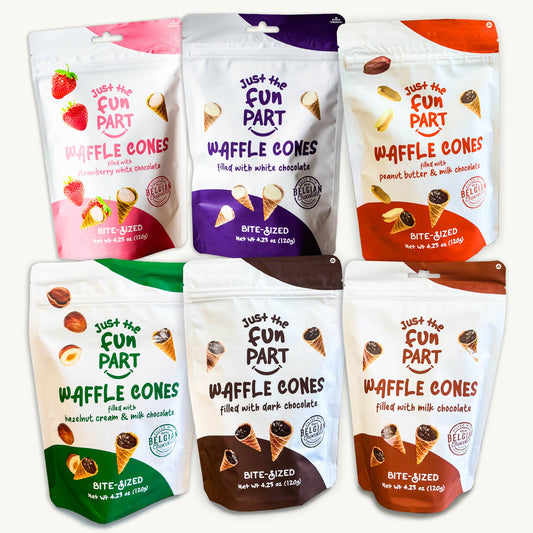 Just the Fun Part Mini Waffle Cones - Strawberry White Chocolate, Peanut Butter, Dark Chocolate, White Chocolate, Hazelnut, Milk Chocolate - 4.23oz - 6 Flavors