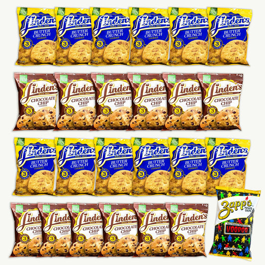Linden's Variety Pack - Butter Crunch (12), Chocolate Chip Cookies (12) - Zapp's Voodoo Potato Chips 2oz - 25 Items