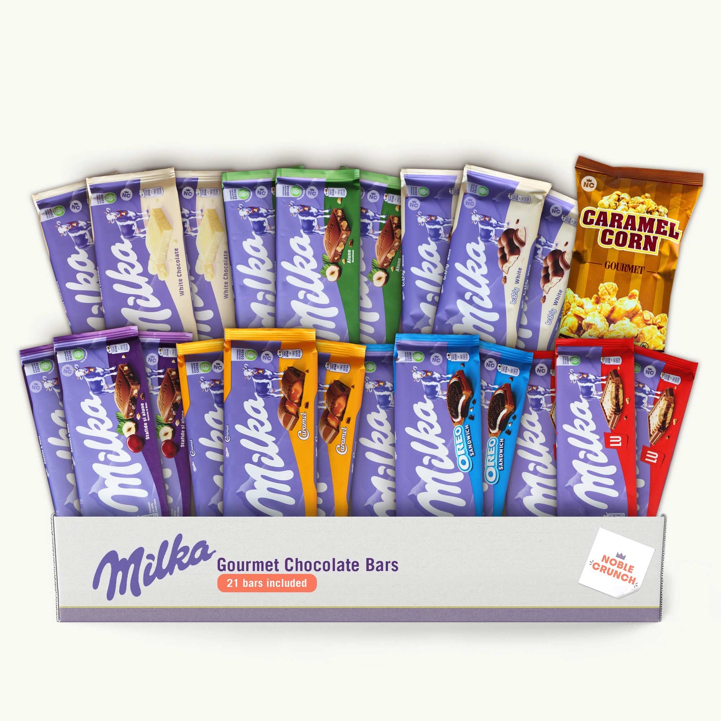 Milka Chocolate Candy Bars Variety Pack (21 bars - 7 flavors) - Gourmet Caramel Kettle Popcorn 2oz - 22 Items