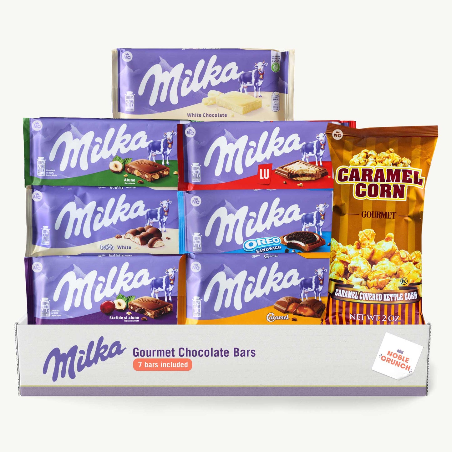 Milka Chocolate Bar Variety Pack - Hazelnut, White Chocolate, LU, Bubbly White, Oreo, Nuts Raisins, Caramel (7 bars) - Caramel Popcorn 2oz - 8 Items