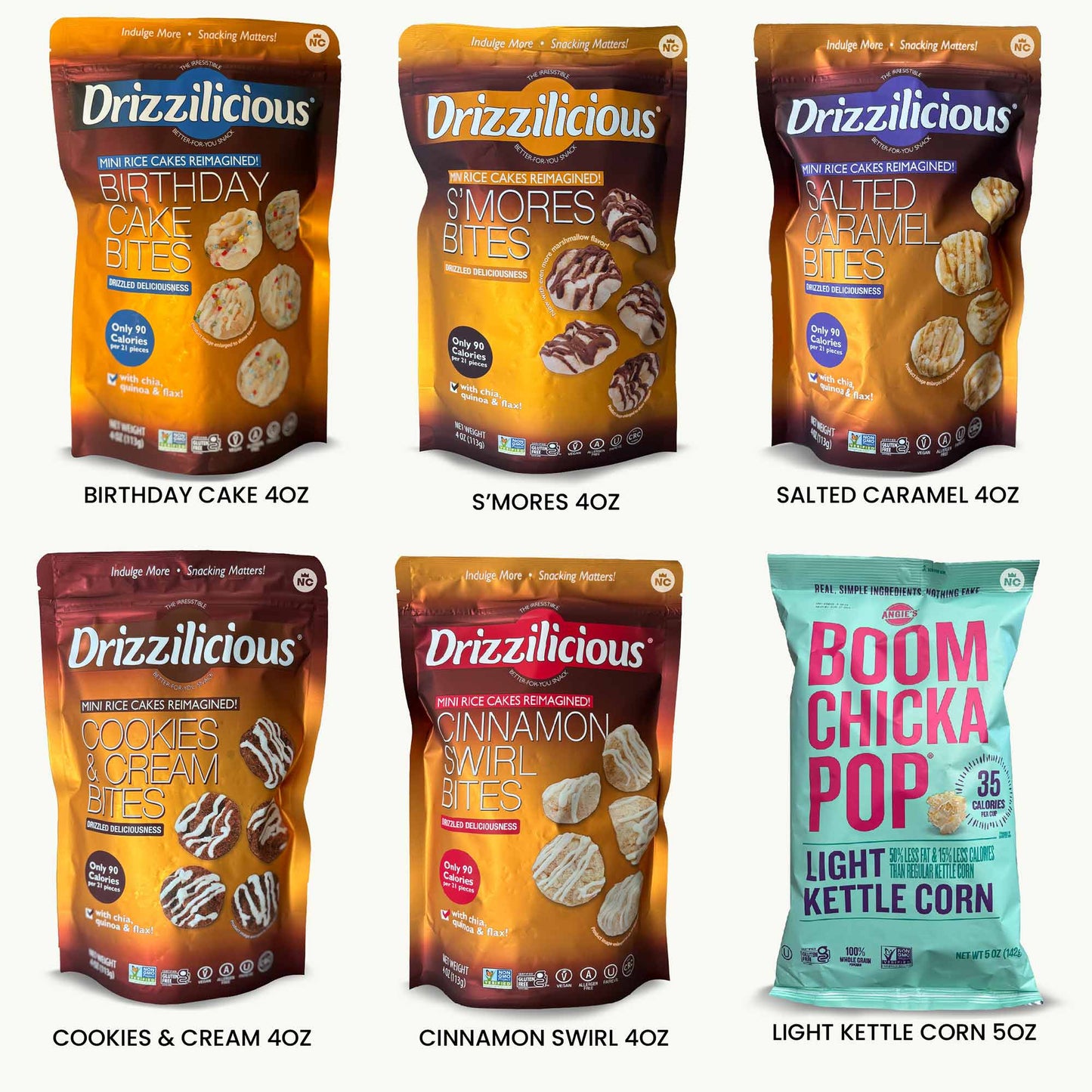 Drizzilicious Mini Rice Cakes Variety Pack - Birthday, Smores, Salted Caramel, Cookies Cream, Cinnamon Swirl -  BOOMCHICKAPOP Light Kettle Popcorn (5oz) - 6 Items