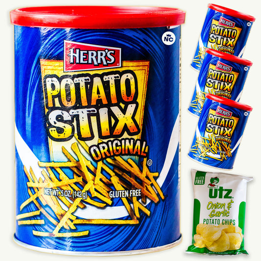 Herr's Potato Stix (4, 5oz cans) - Utz Garlic Onion Potato Chips (2.75oz)