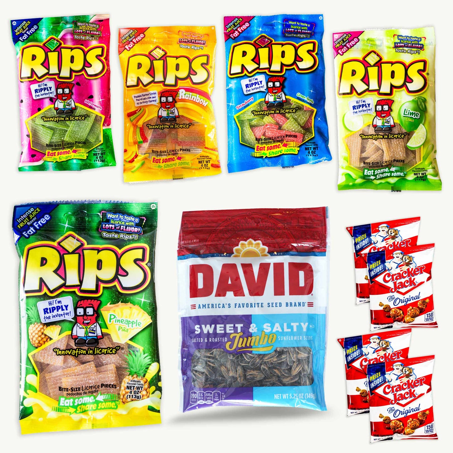 Rips Licorice Variety Pack - Watermelon, Strawberry Green Apple, Lime, Pineapple, Rainbow, Sunflower Seeds, Caramel Popcorn - 10 Items
