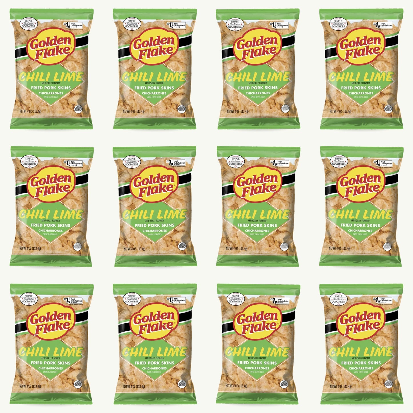 Golden Flake Chili Lime Fried Pork Skins Chicharrones 4oz — 12-pack