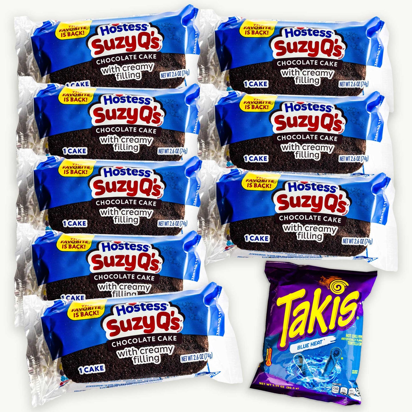 Hostess Suzy Q's Creme Filled Chocolate Cakes 2.6oz (8 packs) -Takis Blue Heat Chili Pepper Tortilla Chips 3.25oz - 9 Items