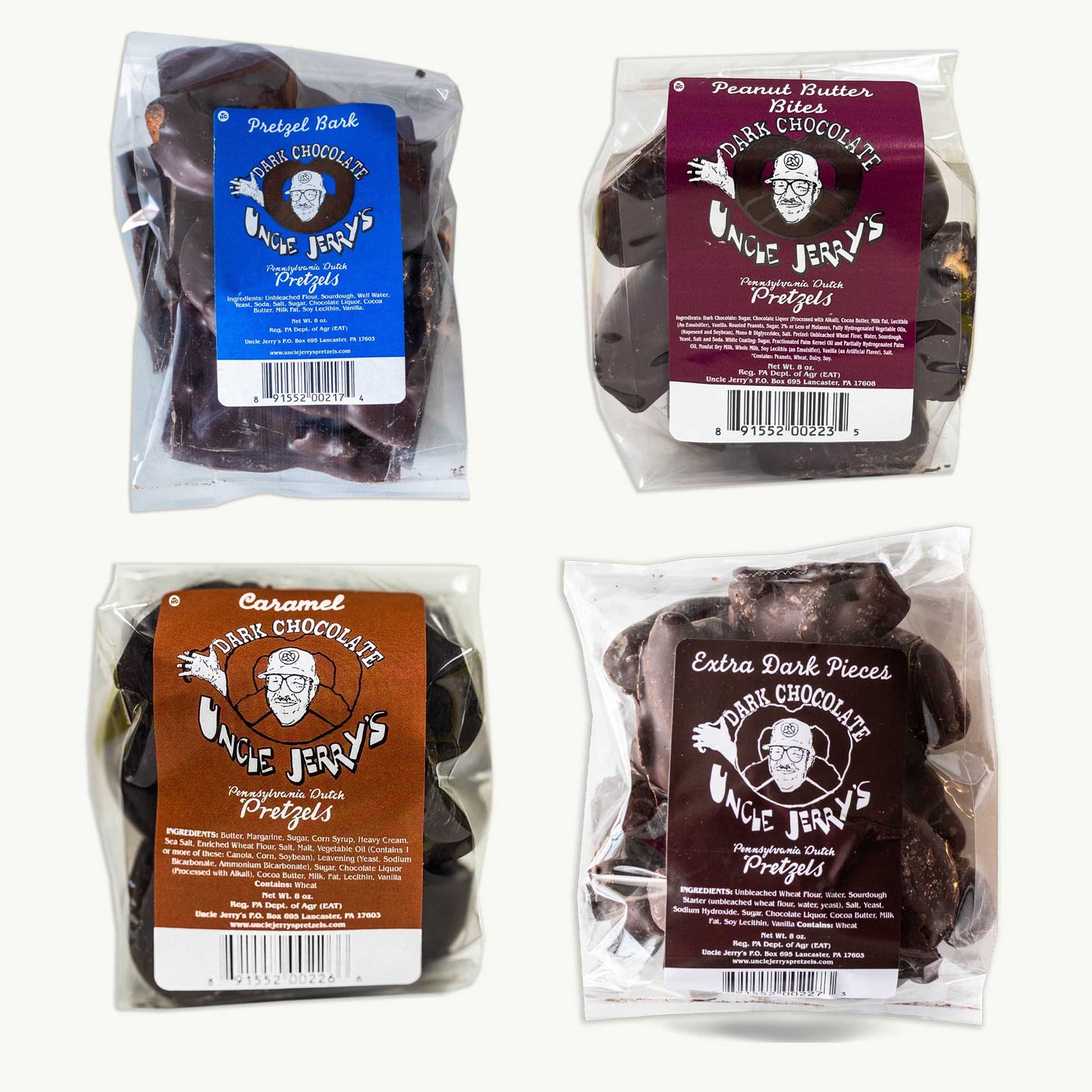 Uncle Jerry's Dark Chocolate Variety Pack - Pretzel Bark, Peanut Butter, Extra Dark Pieces, Caramel - 8oz, 4 Items