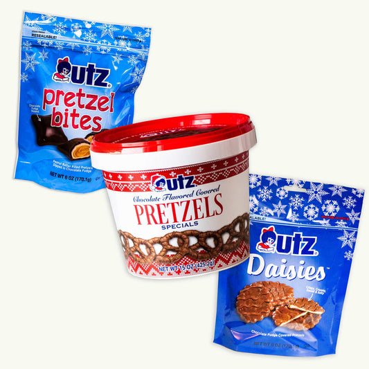 Utz Christmas Snack Bundle - Chocolate Covered Flavored Pretzels 15oz, Daisies Fudge Pretzels 6oz, Peanut Butter Pretzel Bites 6oz - 3 Items