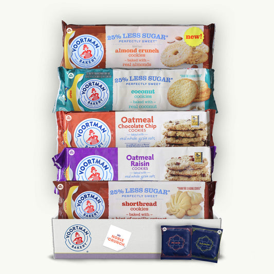 Voortman Less Sugar Cookies Variety Pack - Almond Crunch, Coconut, Oatmeal Chocolate Chip, Shortbread, Oatmeal Raisin - Organic Lemon Peach Yerba Mate Tea - 5 Flavors