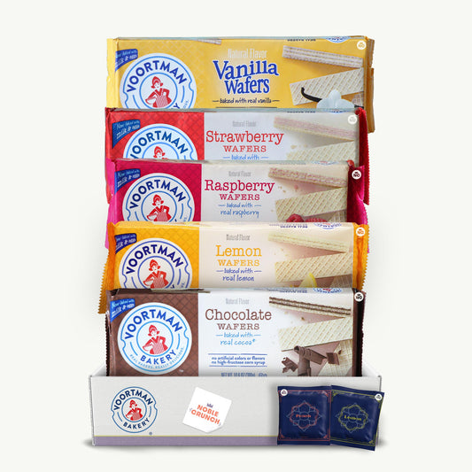 Voortman Wafers Variety Pack - Vanilla, Raspberry, Strawberry, Lemon, Chocolate - Organic Peach Lemon Yerba Mate Tea bags - 5 Flavors