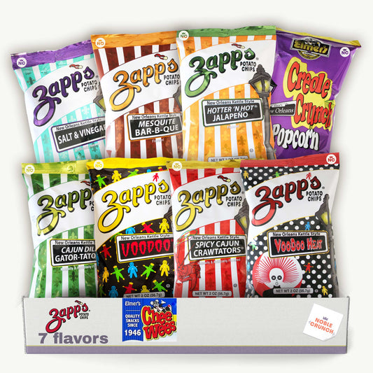 Zapp's Potato Chips Variety Pack - Salt Vinegar, BBQ, Jalapeno, Cajun Dill, Voodoo, Spicy Crawtators, Voodoo Heat - Elmer's Creole Crunch Popcorn - 8 Items