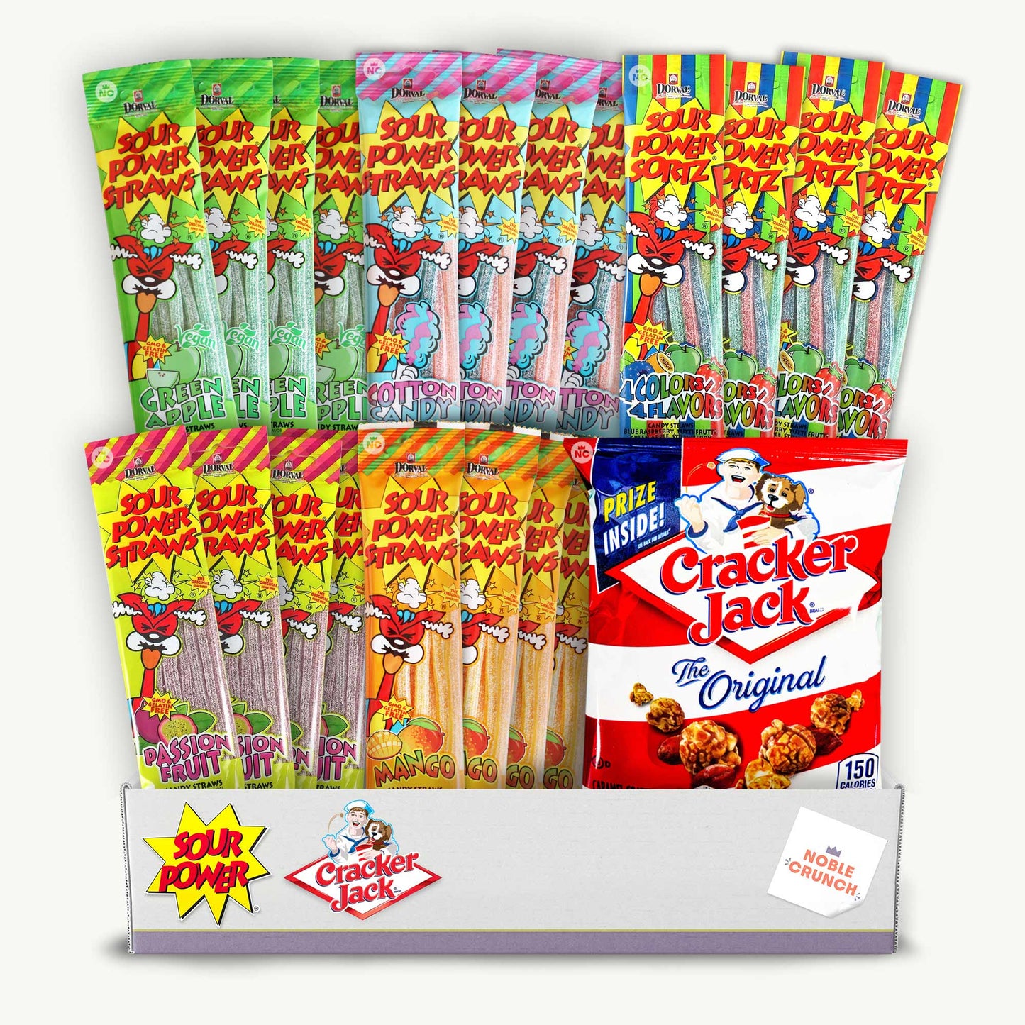 Sour Power Candy Straws Variety Pack (20pk) - 4 Flavor, Mango, Passion Fruit, Green Apple, Cotton Candy - Cracker Jacks Caramel Popcorn 1.25oz - 21 Items