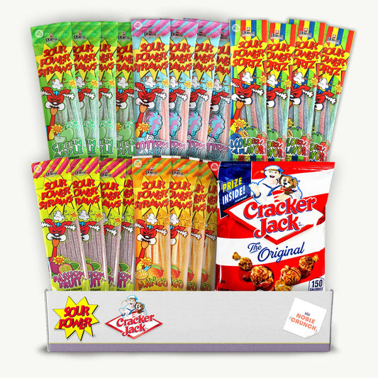 Sour Power Candy Straws Variety Pack (20pk) - 4 Flavor, Mango, Passion Fruit, Green Apple, Cotton Candy - Cracker Jacks Caramel Popcorn 1.25oz - 21 Items