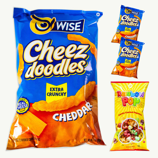 Wise Cheez Doodles Extra Crunchy (3pks - 8.5oz) - Candy Coated Popcorn (2oz)