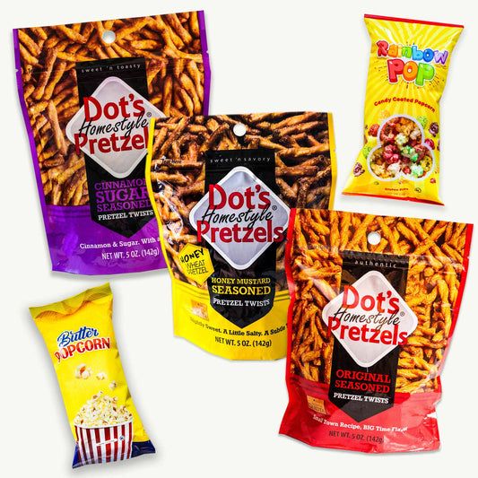 Dot's Pretzel Twists (3pks - 5oz) - Honey Mustard, Original, Cinnamon Sugar - Butter Popcorn (1.15oz) - Rainbow Candy Popcorn (2oz)