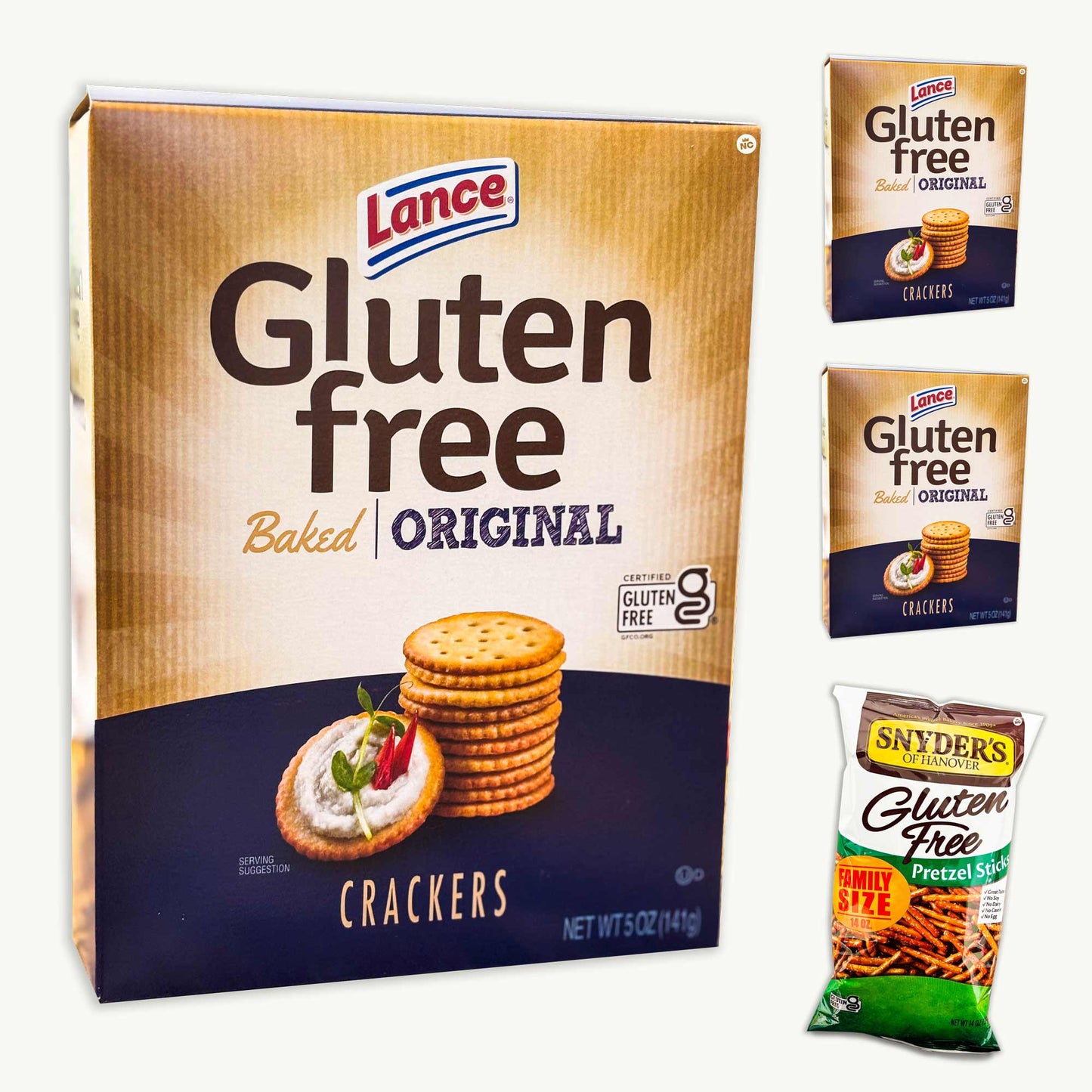 Lance Gluten Free Baked Original Crackers (3, 5oz bags) - Snyder's Gluten Free Pretzels Sticks (14oz) - 4 Items