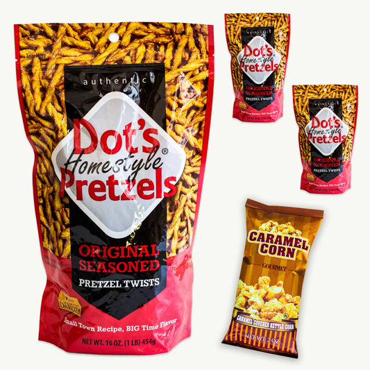 Dot's Original Seasoned Pretzel Twists (3pk, 16oz) - Gourmet Caramel Popcorn (2oz)