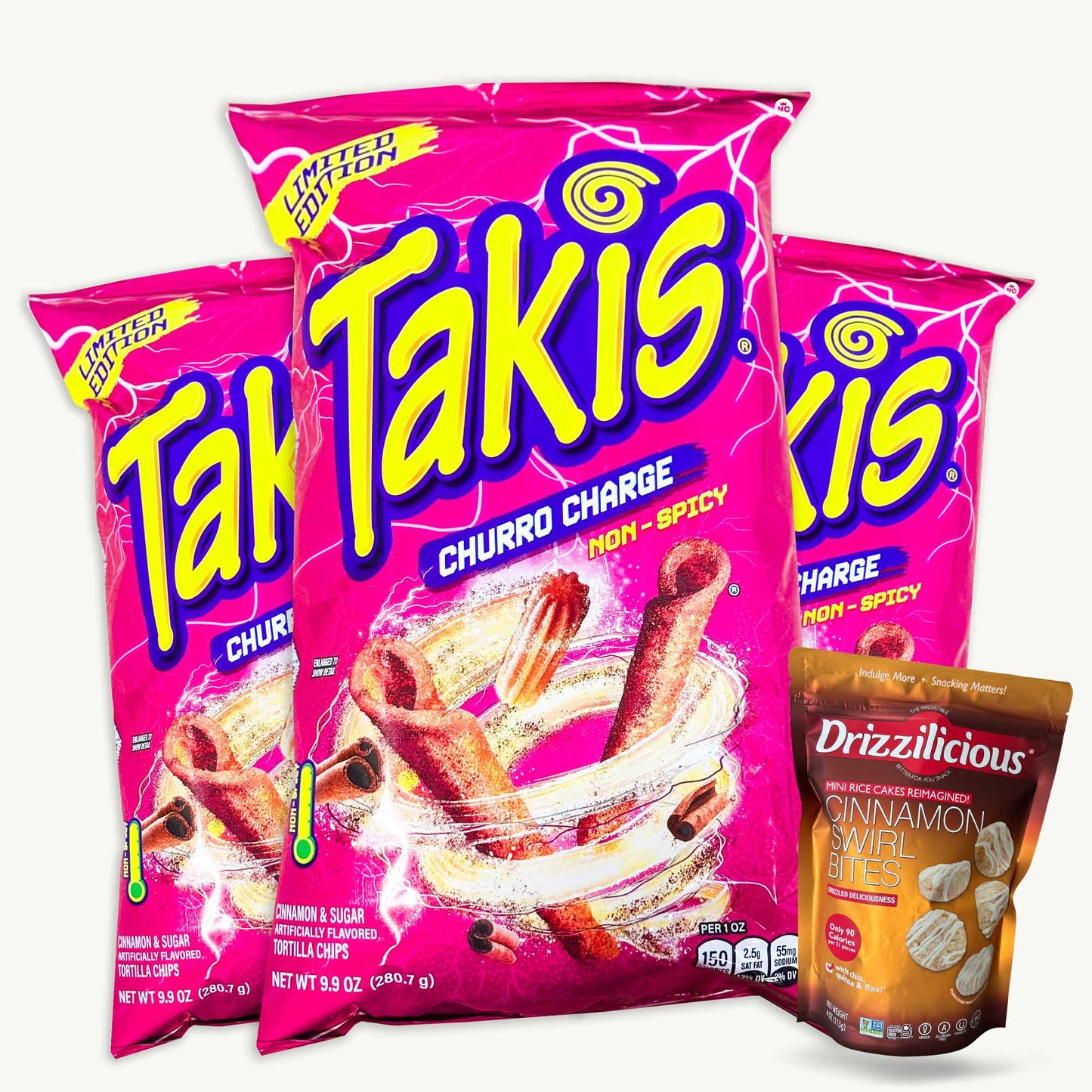 Takis Churro Charge Cinnamon Sugar Tortilla Chips (3, 9.9oz bags) - Drizzilicious Cinnamon Swirl Mini Rice Cake Bites (4oz) - 4 Items