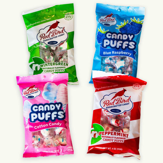 Red Bird Candy Puffs Variety Pack - Wintergreen, Peppermint, Blueberry, Cotton Candy - 4oz, 4 Bags