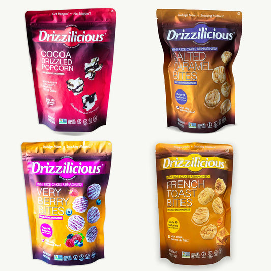Drizzilicious Mini Rice Cakes Variety Pack - Salted Caramel, Cocoa Drizzled Popcorn, Very Berry Bites, French Toast Bites - 4 Bags