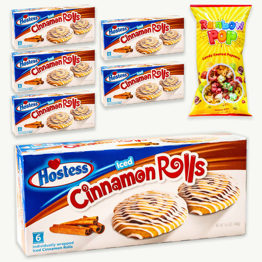 Hostess Iced Cinnamon Rolls (6pk - 36 rolls) - Rainbow Candy Coated Popcorn (2oz)