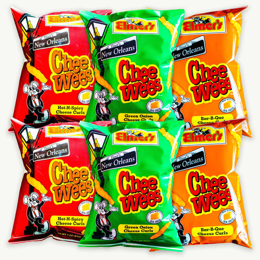 Elmer's Chee Wees Variety Pack - Hot N Spicy Cheese Curls 3oz (2pk), BBQ 3oz (2pk), Green Onion 3oz (2pk) - 6 Bags