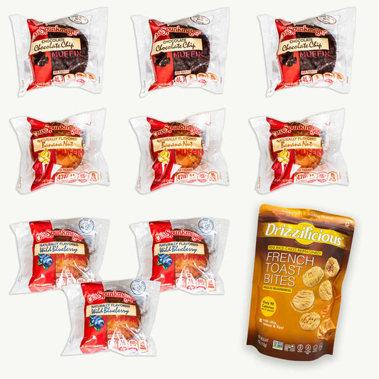 Otis Spunkmeyer Variety Pack Muffins - Chocolate Chocolate Chip, Wild Blueberry, Banana Nut -  4oz, 9 pack - French Toast Drizzilicious Mini Rice Cakes 4oz - 10 Items