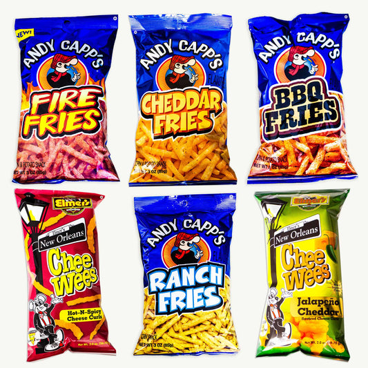 Andy Capp's Fries Variety Pack - Fire, Cheddar, BBQ, Ranch - Elmer's Cheewees Jalapeno Cheddar, Hot Spicy Cheese Curls - 6 Items